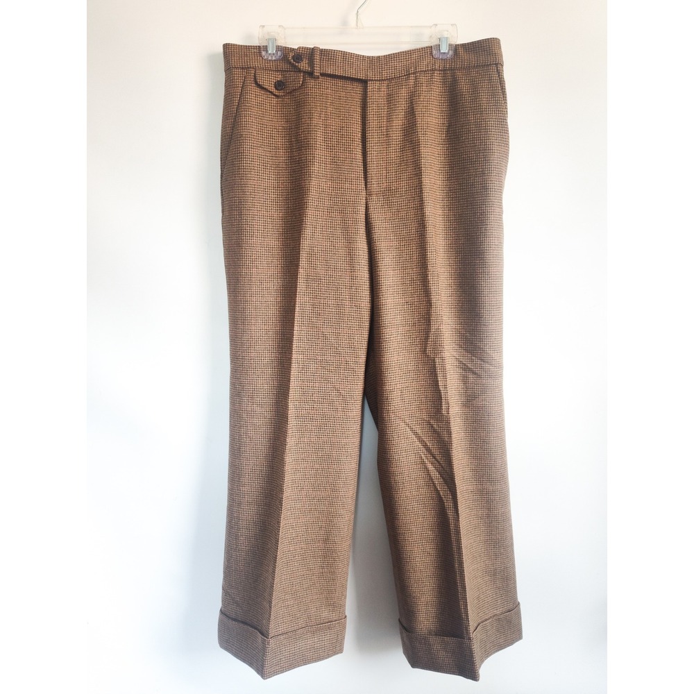 Ralph Lauren Pants 12 Trousers Wide Leg Brown Houndstooth Wool Cuffed Office